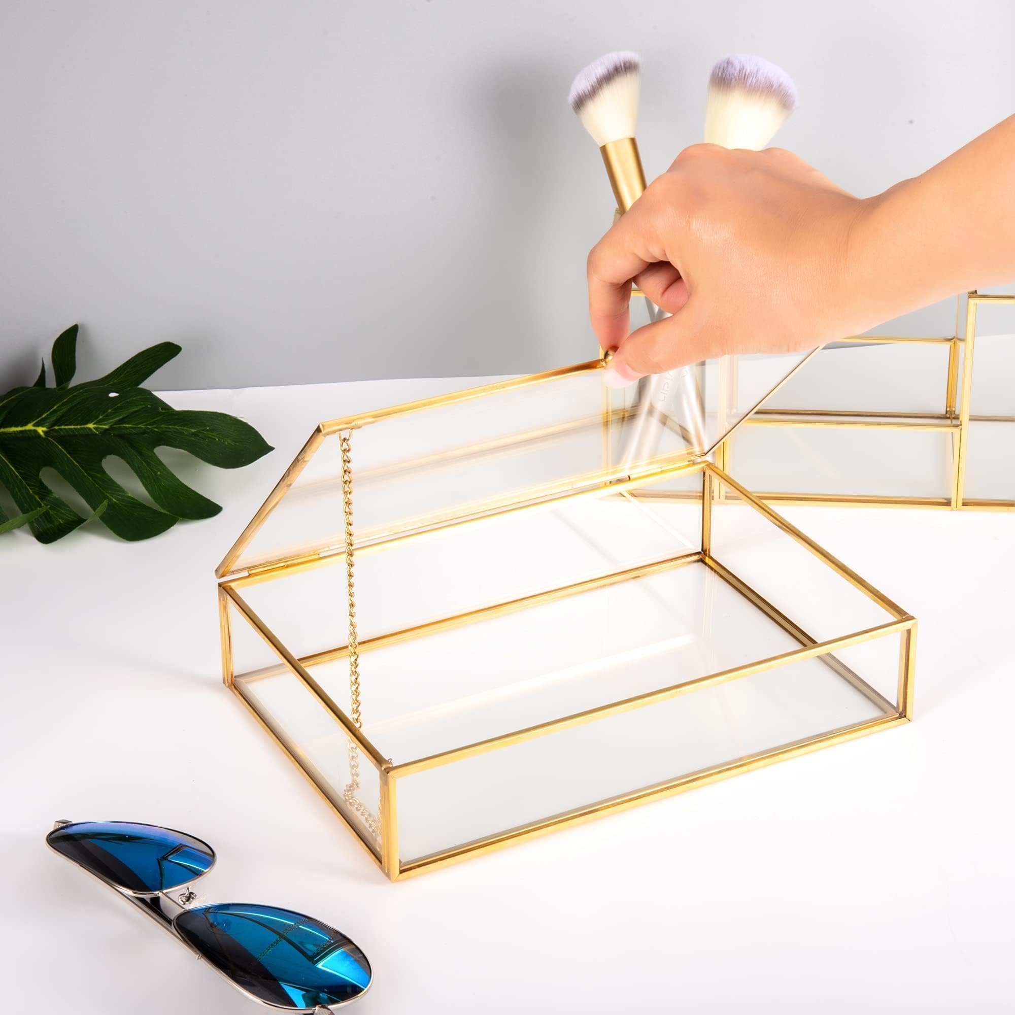 Feyarl Gold Glass Jewelry Box - 5x7 Photo Card Organizer with Lid - Decorative Keepsake Storage Case for Rings, Necklaces & Small Treasures - Perfect for Home Decor, Gift Wrapping & Vanity Display (8.66 x 5.9 x 1.96 Inches)