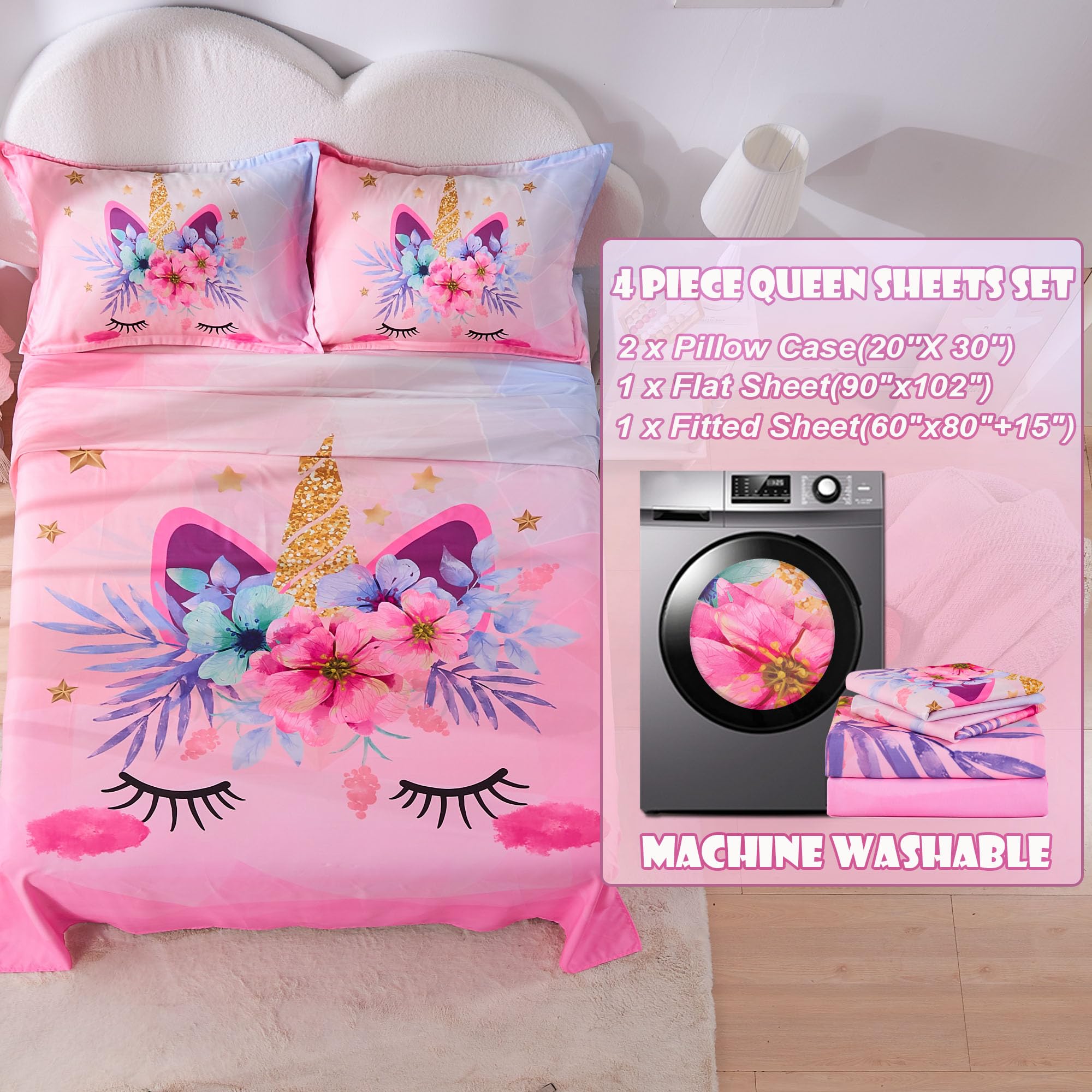 VIVILINEN 4-Piece Queen Size Sheet Set - Soft Pink Unicorn Bedding for Girls & Teens, Includes Flat Sheet, Deep Pocket Fitted Sheet & Pillowcases - Perfect for Kids' Rooms, Sleepovers & Cozy Bedtime