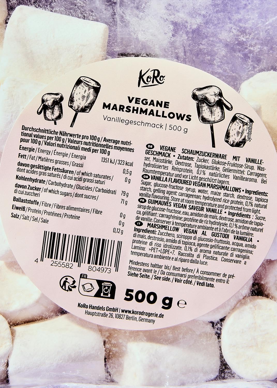 KoRo Vegan Marshmallows 500g - Extra Large Soft & Sweet Vanilla Flavored Marshmallows - Perfect for Hot Chocolate, Campfire S'mores & Baking Desserts