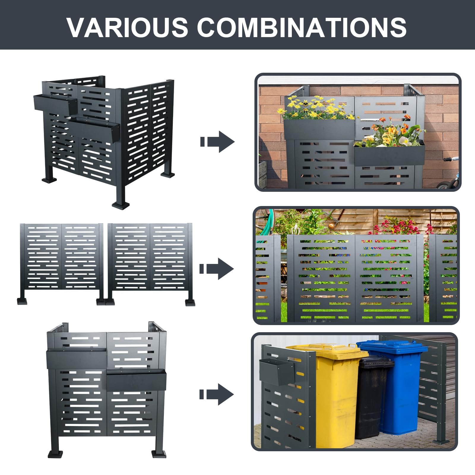 3.5FT x 3.5FT Galvanized Metal Air Conditioner Privacy Fence Cover - Rustproof Outdoor AC Unit Enclosure, Trash Can Screen Panel for Patio, Backyard & Yard - 3-Panel Charcoal Design for Ultimate Weather Protection & Aesthetic Appeal