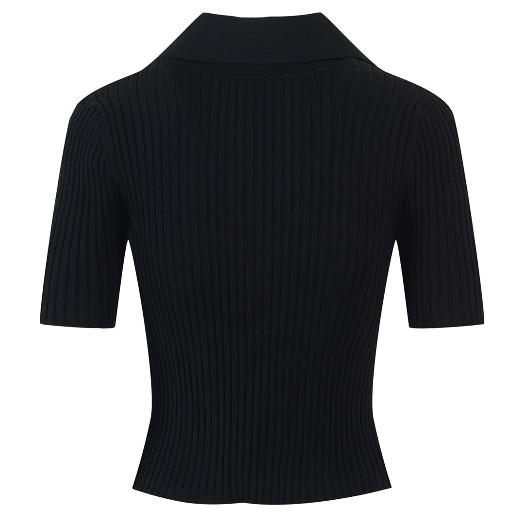 Women's White & Black Knitted Cardigan with Zipper - Short Sleeve Casual Top for Spring/Summer | Perfect for Office Wear, Date Night & Weekend Outfits