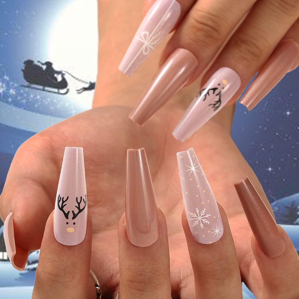 Extra Long Press on Nails - Christmas Snowflake Red Elk Ballerina Glossy Acrylic Fake Nails for Women | 30PCS Full Cover False Nails Tips | Perfect for Holiday Parties, Gift Giving & Festive Nail Art