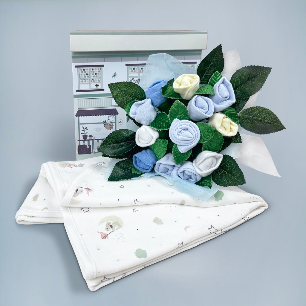 Blue Welcome Baby Clothes Posy with Little Love Baby Wrap - Soft Newborn Swaddle Blanket for Sleeping, Nursing & Photo Shoots