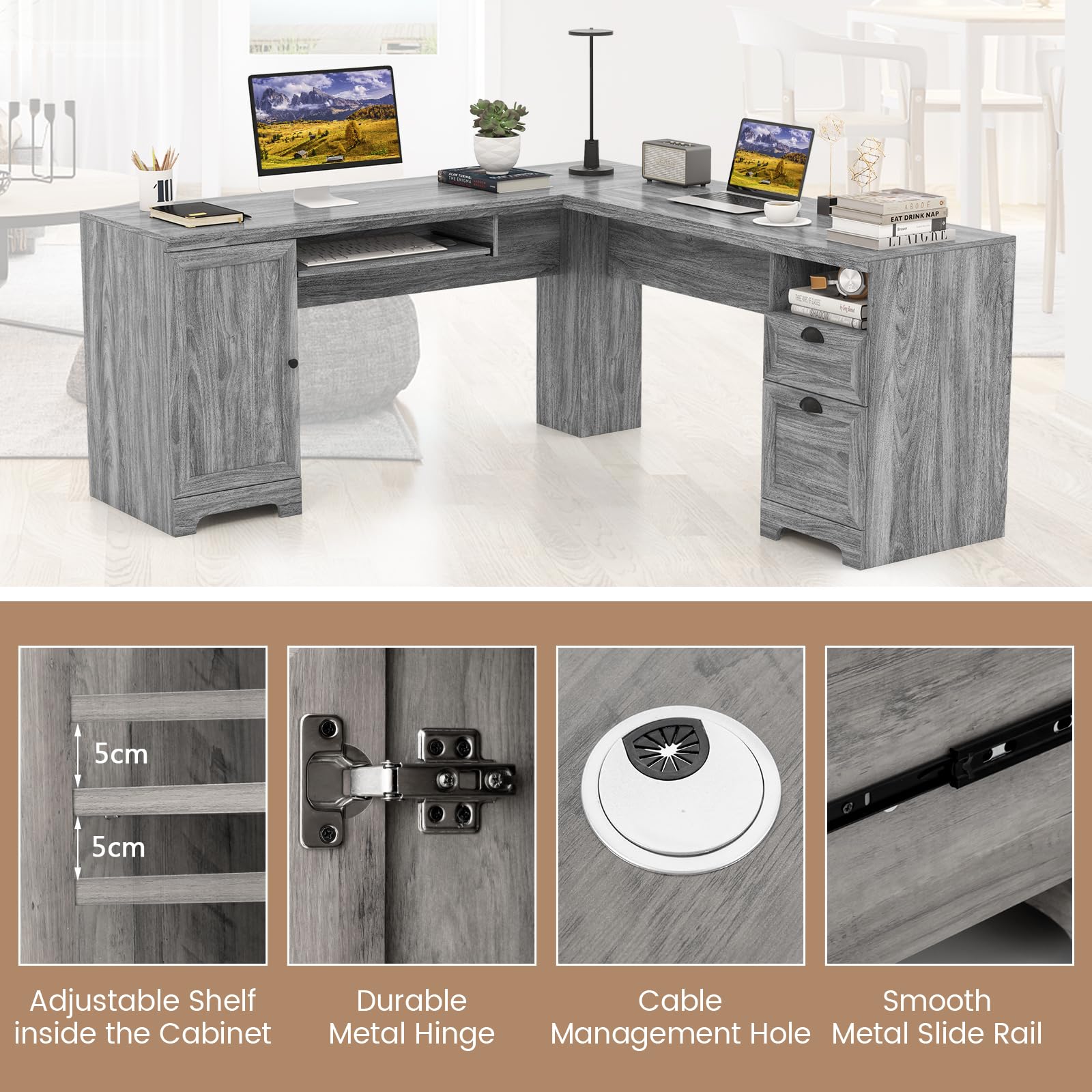 GOFLAME 66 Inch L-Shaped Computer Desk with Drawers & Cabinet - Spacious Corner Office Desk with Keyboard Tray, Ergonomic Gaming Workstation for Home Office, Study Room or Bedroom (Gray) - Perfect for Remote Work, Online Classes & PC Gaming Setup