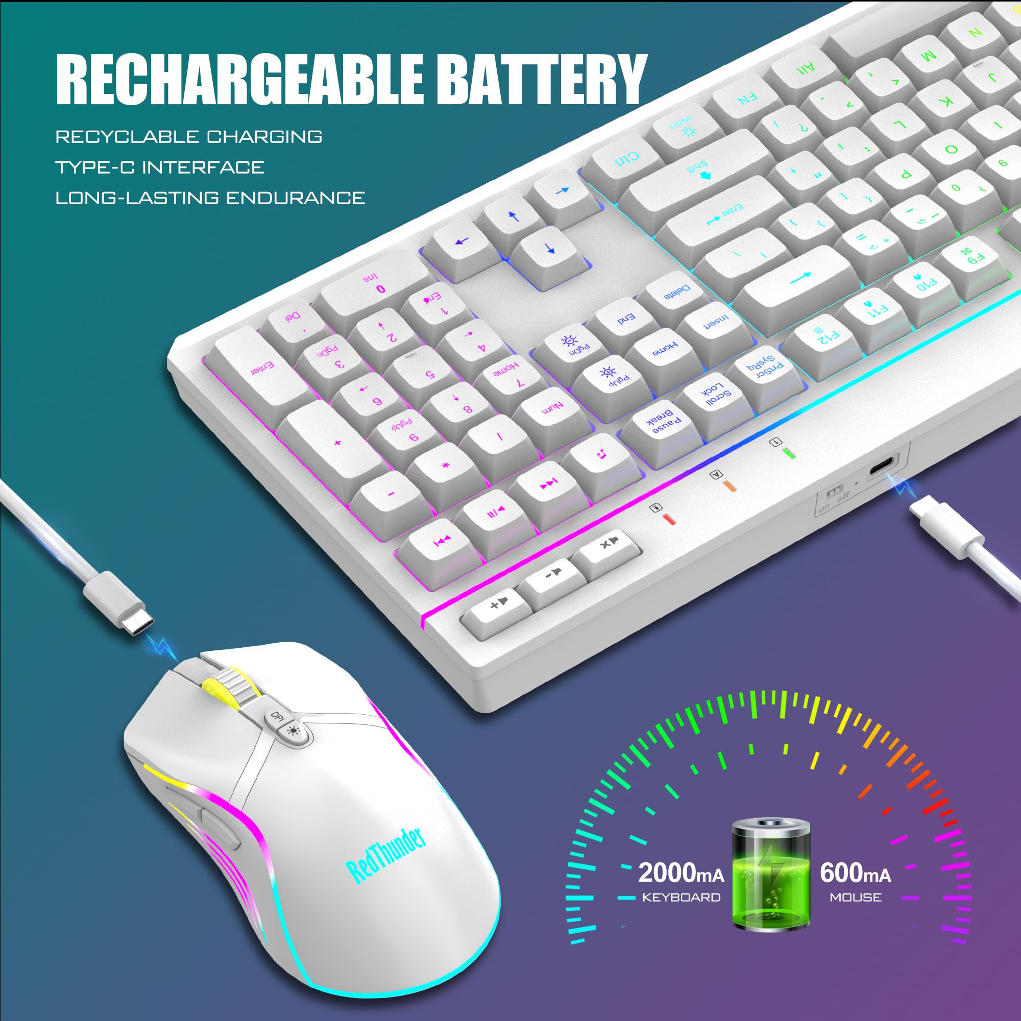 RedThunder K20 Wireless Keyboard and Mouse Combo - Full Size Anti-Ghosting Mechanical Keyboard with RGB Backlit, 7D 4800DPI Gaming Mouse, Rechargeable for PC Laptop Mac Xbox (White) | Perfect for Gaming, Office Work & Home Entertainment