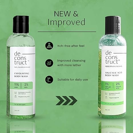 NG Deconstruct Salicylic Acid & 2% Glycolic Acid Exfoliating Body Wash - 200ml for Acne-Prone Skin & Body Breakouts - Perfect for Shower & Post-Workout Cleansing