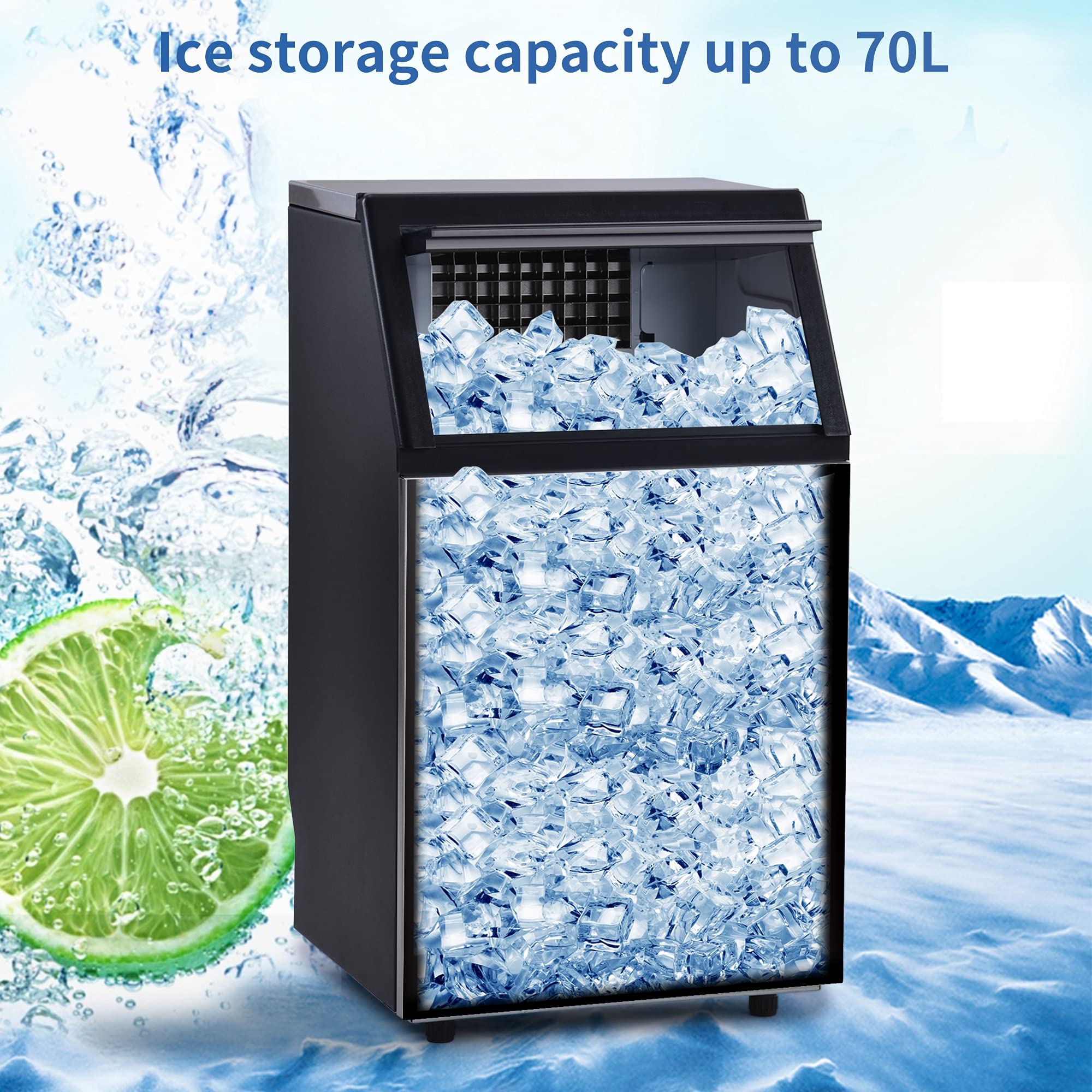 Commercial Ice Maker Machine 66LBS/24H Stainless Steel Under Counter Freestanding with Self-Cleaning & Automatic Water Inlet - Clear Ice Cube Maker with Scoop - Perfect for Cafes, Bars, Restaurants, Home & Office Use