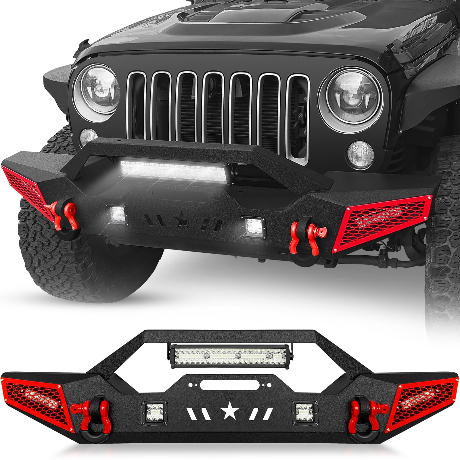 Heavy Duty Front Bumper for 2007-2025 Jeep Wrangler JK JL JKU JLU & Gladiator JT - Winch Ready with 5 LED Lights, Paintable Armor & D-Rings | Off-Road Adventure & Trail Protection