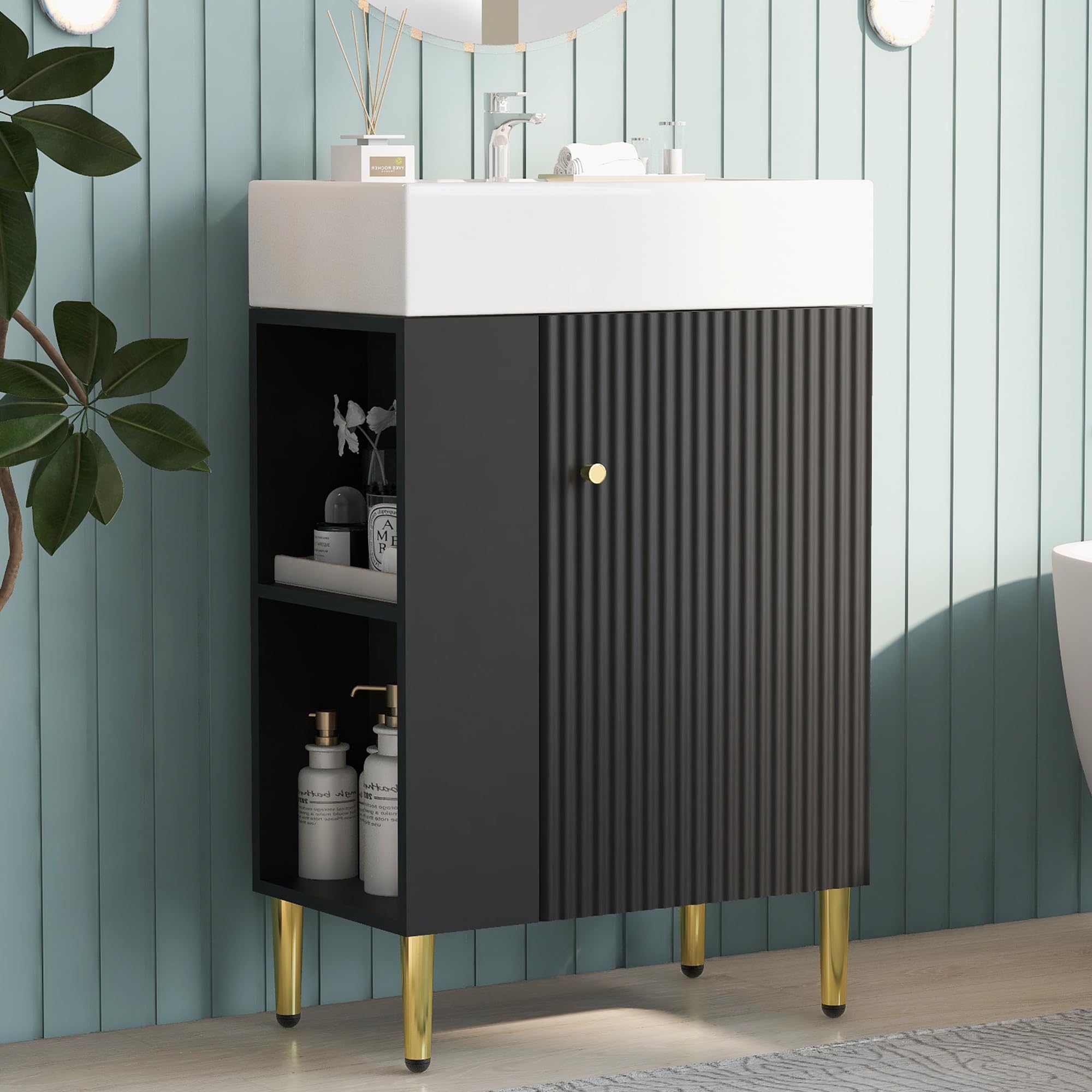 21.6 Inch Modern Bathroom Vanity Set with Ceramic Sink - Space-Saving Left Side Storage Cabinet - Black Bath Vanity Combo for Small Bathrooms | Perfect for Apartments, Powder Rooms & Guest Baths
