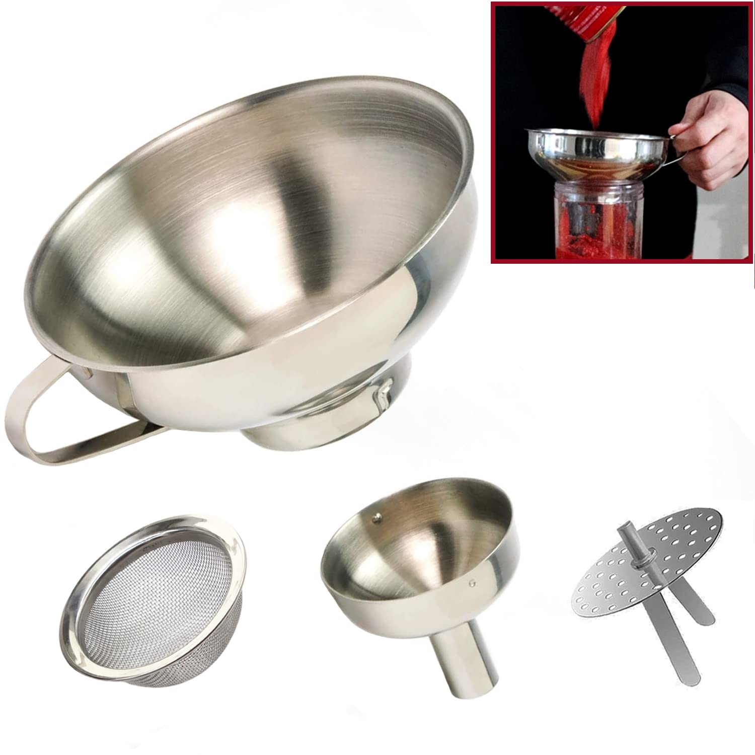Premium Stainless Steel 4-Piece Funnel and Strainer Set - Wide & Narrow Mouth Canning Funnel for Mason Jars, Transferring Oils, Liquids, Dry Ingredients & Powder - Ideal for Home Canning, Cooking, Baking & DIY Projects