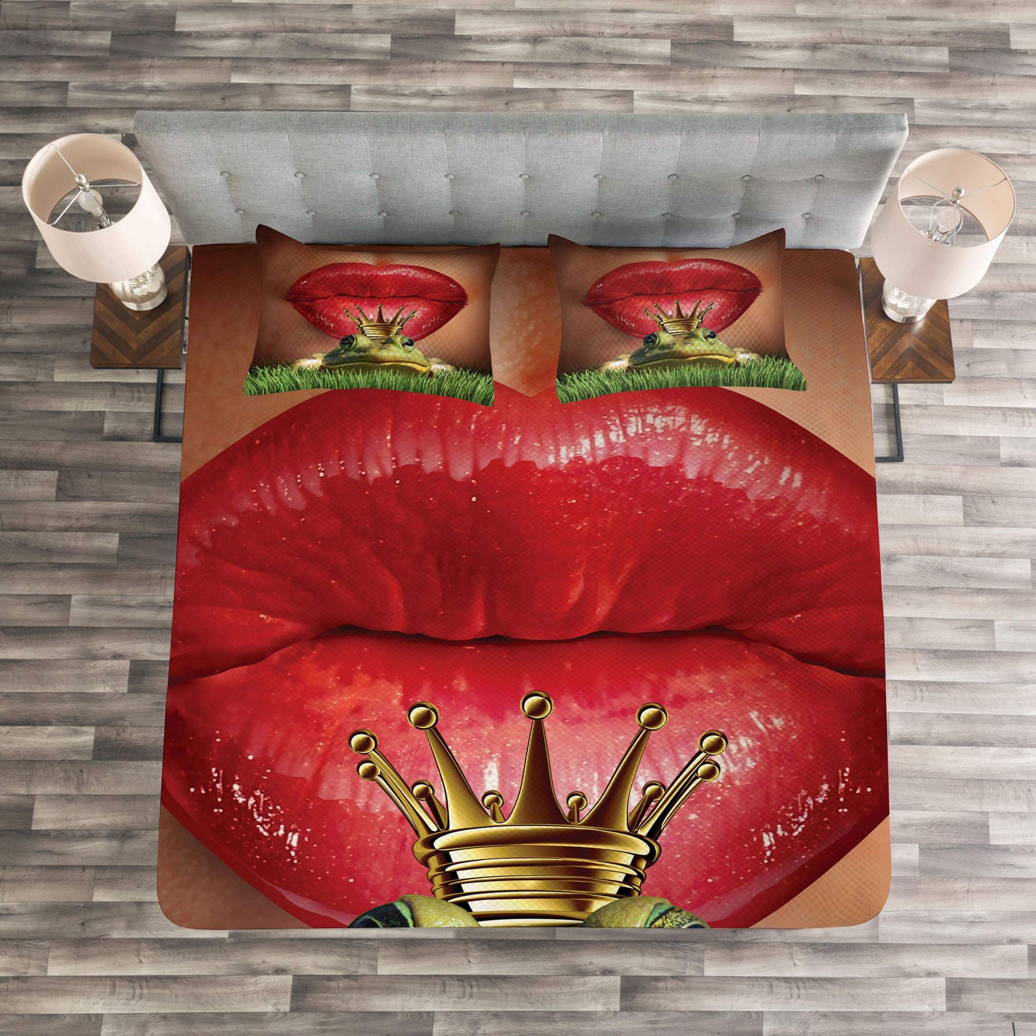 Ambesonne Animal Print Bedspread Set - Lady Finds Her Frog Prince Romance Art, 3-Piece King Size Bedding with 2 Pillow Shams, Green Red Yellow - Perfect for Master Bedroom, Guest Room & Bohemian Home Decor