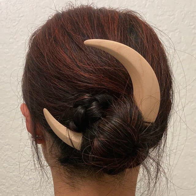 Hand Carved Moon Hair Fork - Wooden Hair Stick for Thick Hair Styling | Boho & Wedding Accessories