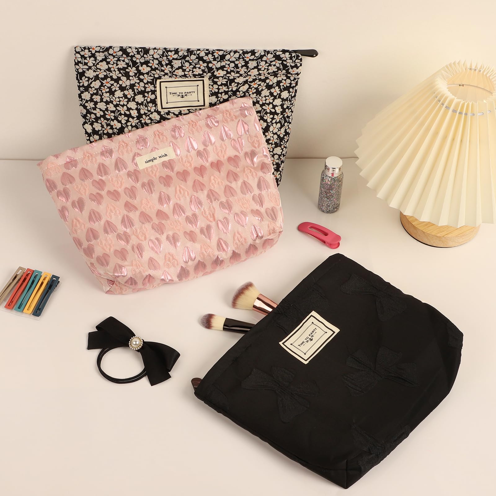 Sightor Large Floral Canvas Makeup Bag for Women - Waterproof Travel Cosmetic Organizer with Bow, Toiletry Pouch for Makeup Brushes & Skincare | Perfect for Vacation, Gym & Daily Use (Black)