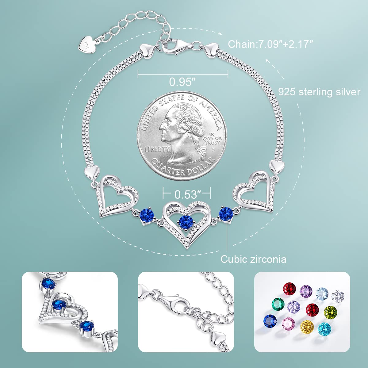 Forever Love Heart Charm Link Bracelet for Women - 925 Sterling Silver Birthstone Bracelet | Mother's Day, Anniversary, Christmas & Birthday Jewelry Gift for Wife, Girlfriend & Her | Perfect for Date Nights, Weddings & Special Occasions