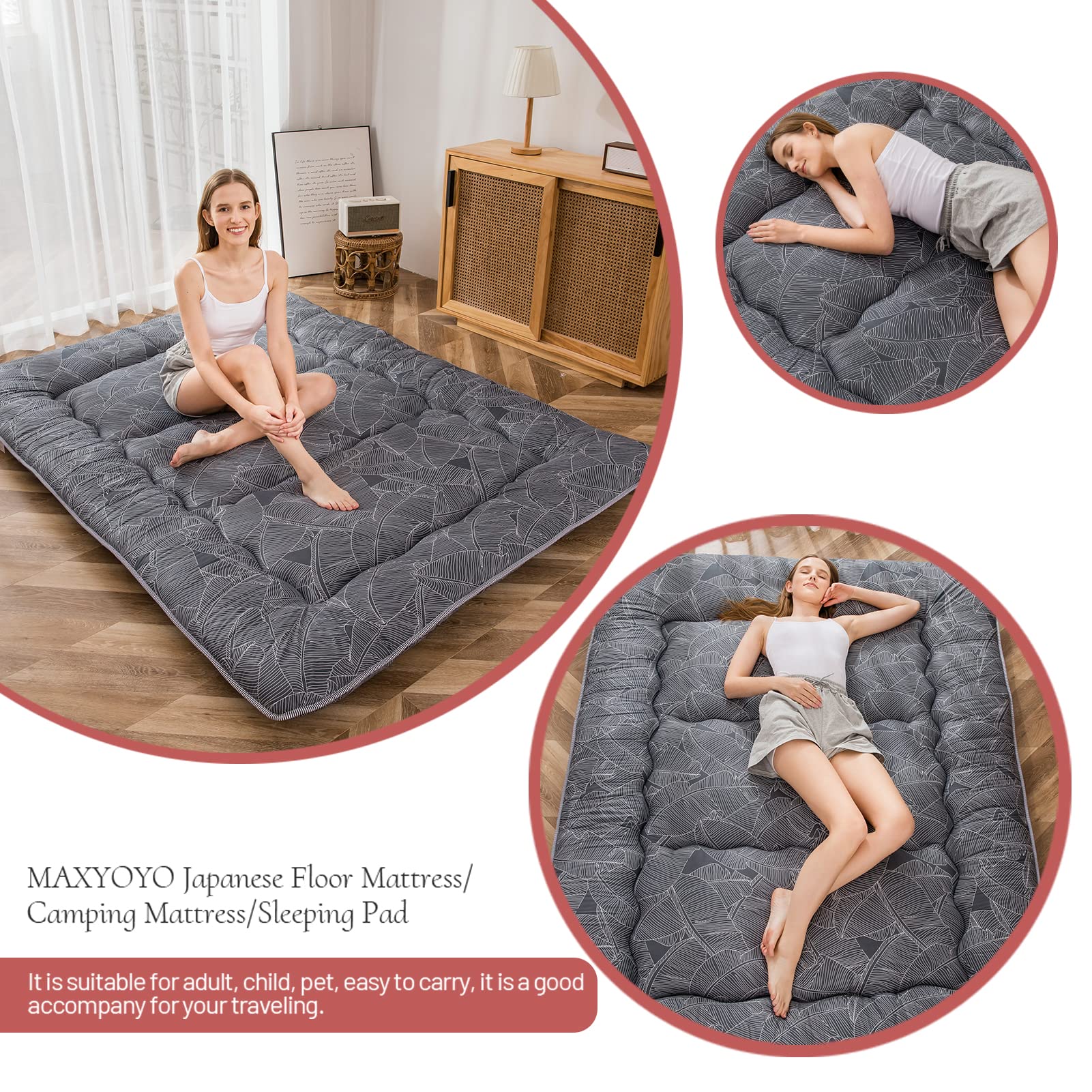 Japanese Thick Soft Floor Futon Mattress - Roll Up Sleeping Pad for Guest Room, Camping & Lounging - Twin Size Black Leaf Design - Comfortable for Home, Travel & Outdoor Use