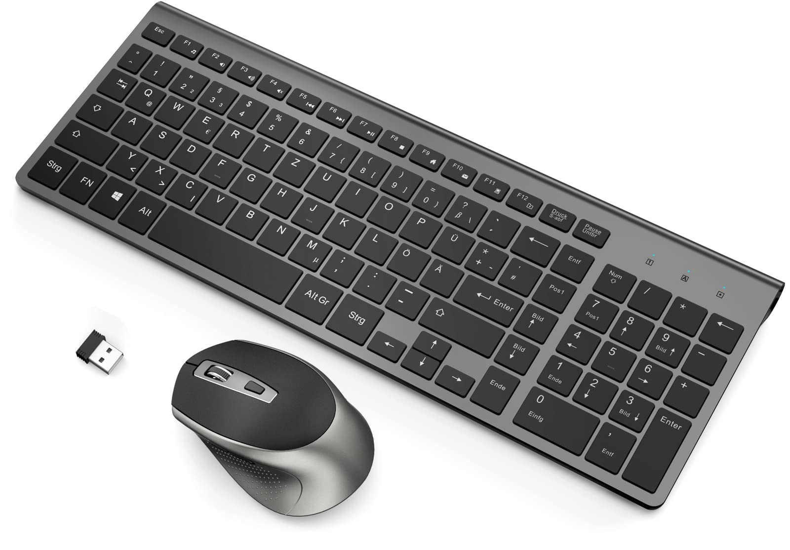 JOYACCESS Wireless Keyboard and Mouse Set, 2.4G Ultra-Thin Keyboard with Mouse, QWERTZ Layout (German), Ergonomic Keyboard Mouse Combo for Computer/Desktop/PC/Laptop - Windows 10/8/7, Black & Gray - Perfect for Office, Home, and Gaming Use