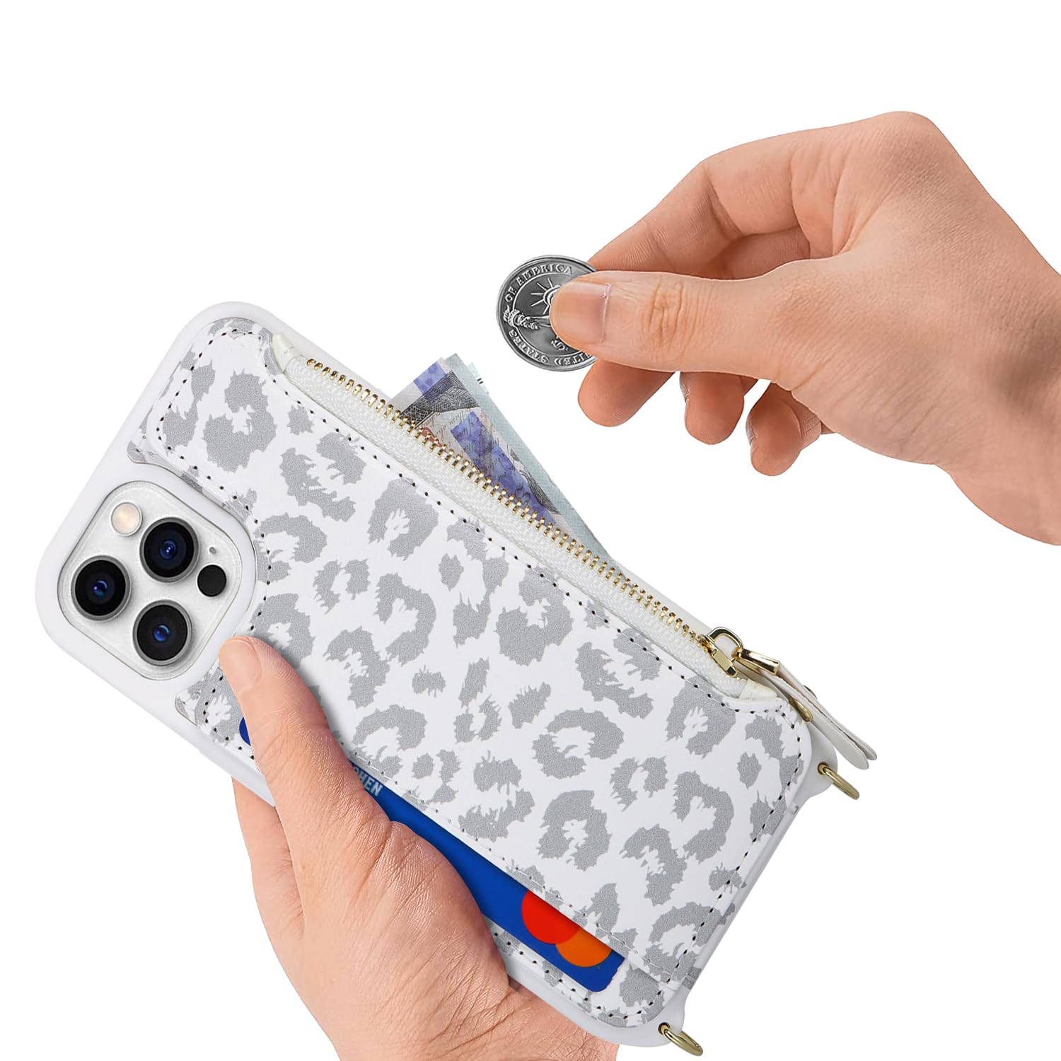 Premium Magnetic Wallet Case for iPhone 12/12 Pro - Slim Protective Cover with Card Holder & Crossbody Strap | Magsafe Compatible | Leopard White Design | Perfect for Women's Everyday Use, Travel & Shopping
