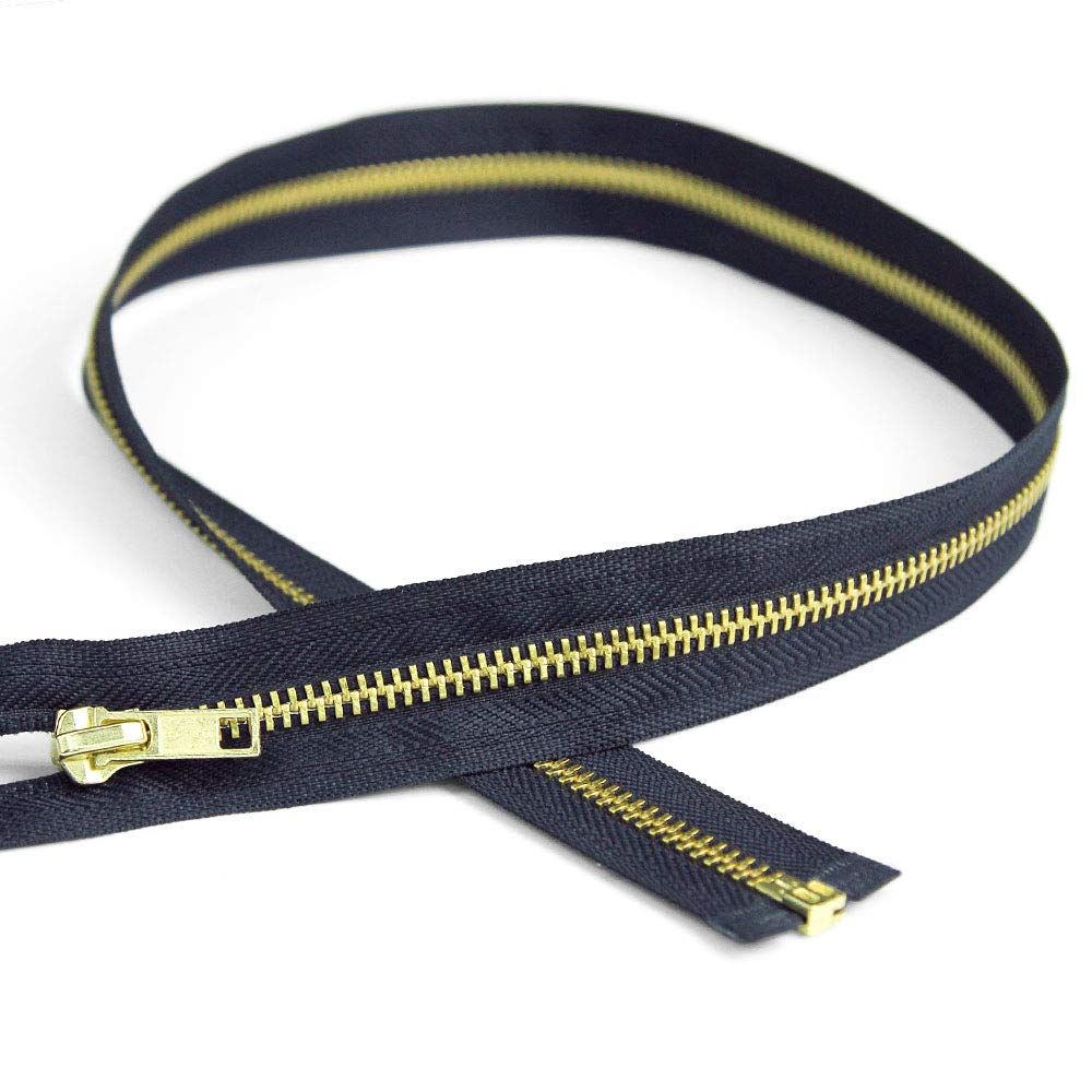 #5 Open End Zipper with Gold Metal Teeth - 24 Inch Navy Blue Separating Zipper for Jackets & Coats - Premium Bias Bespoke Brand for Outerwear & Fashion Design