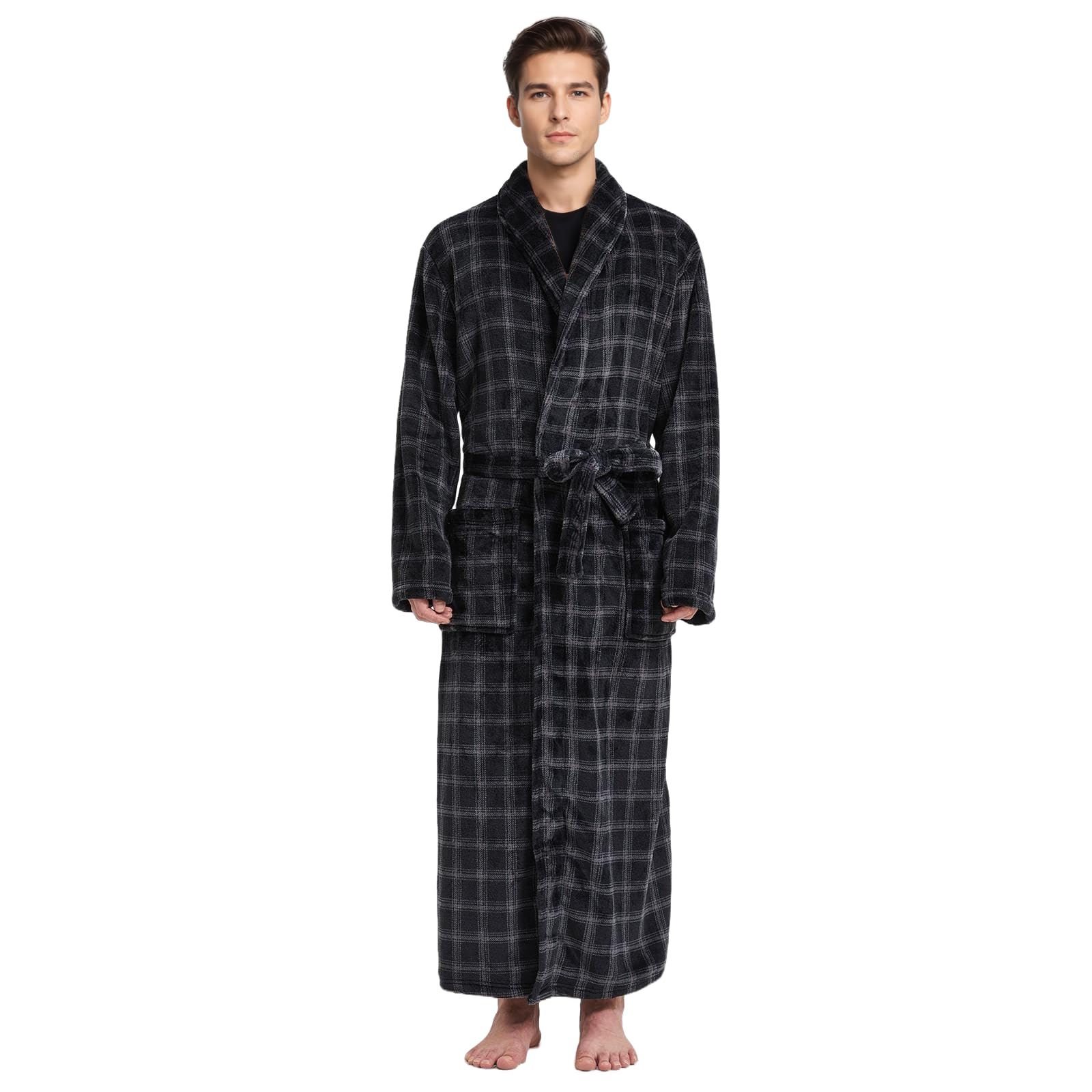 **Men's Fleece Plush Bathrobe - Full Length Big & Tall Shawl Collar Plaid Robe for Men - Soft & Cozy Loungewear for Spa, Home Relaxation & Winter Comfort**