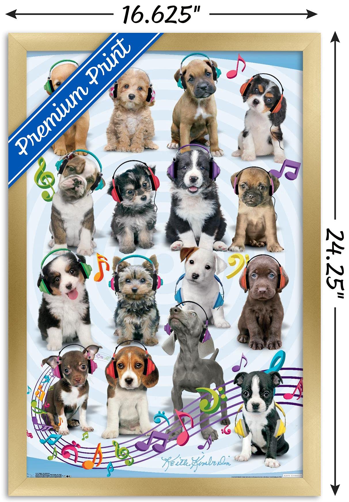 Trends International Keith Kimberlin Puppies Headphones Wall Poster - 14.725 x 22.375 Inches Gold Framed Art Print - Perfect for Bedroom, Living Room & Office Decor