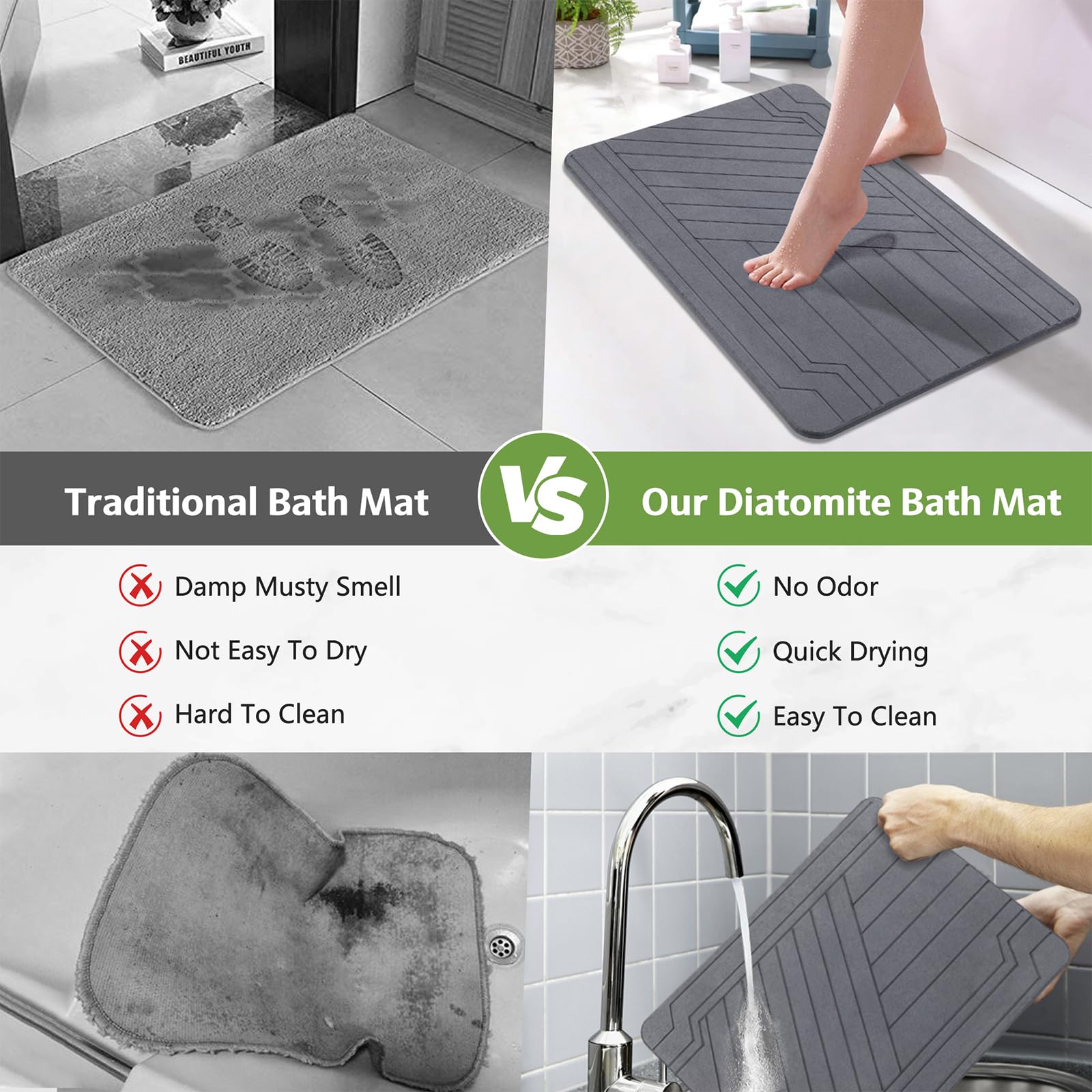 Premium Diatomaceous Earth Bath Mat - Non-Slip Quick Drying Stone Shower Mat, Absorbent Bathroom Floor Mat (23.6