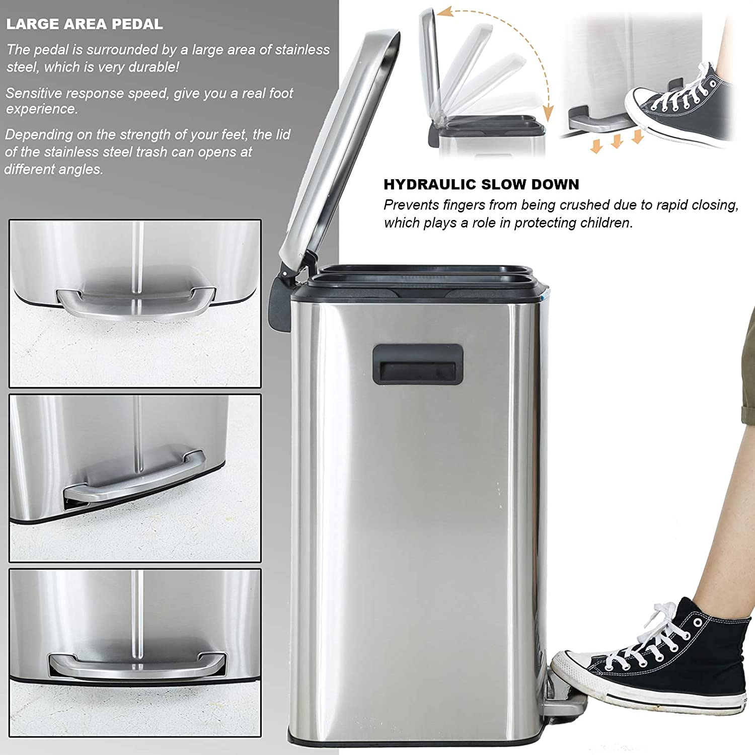 10 Gallon 40L Stainless Steel Trash Can with Lid - Step Pedal Garbage Bin for Office, Kitchen, Bathroom & Home - Large Metal Waste Basket with 2 Removable Liners - Perfect for Recycling, Waste Disposal & Household Cleaning