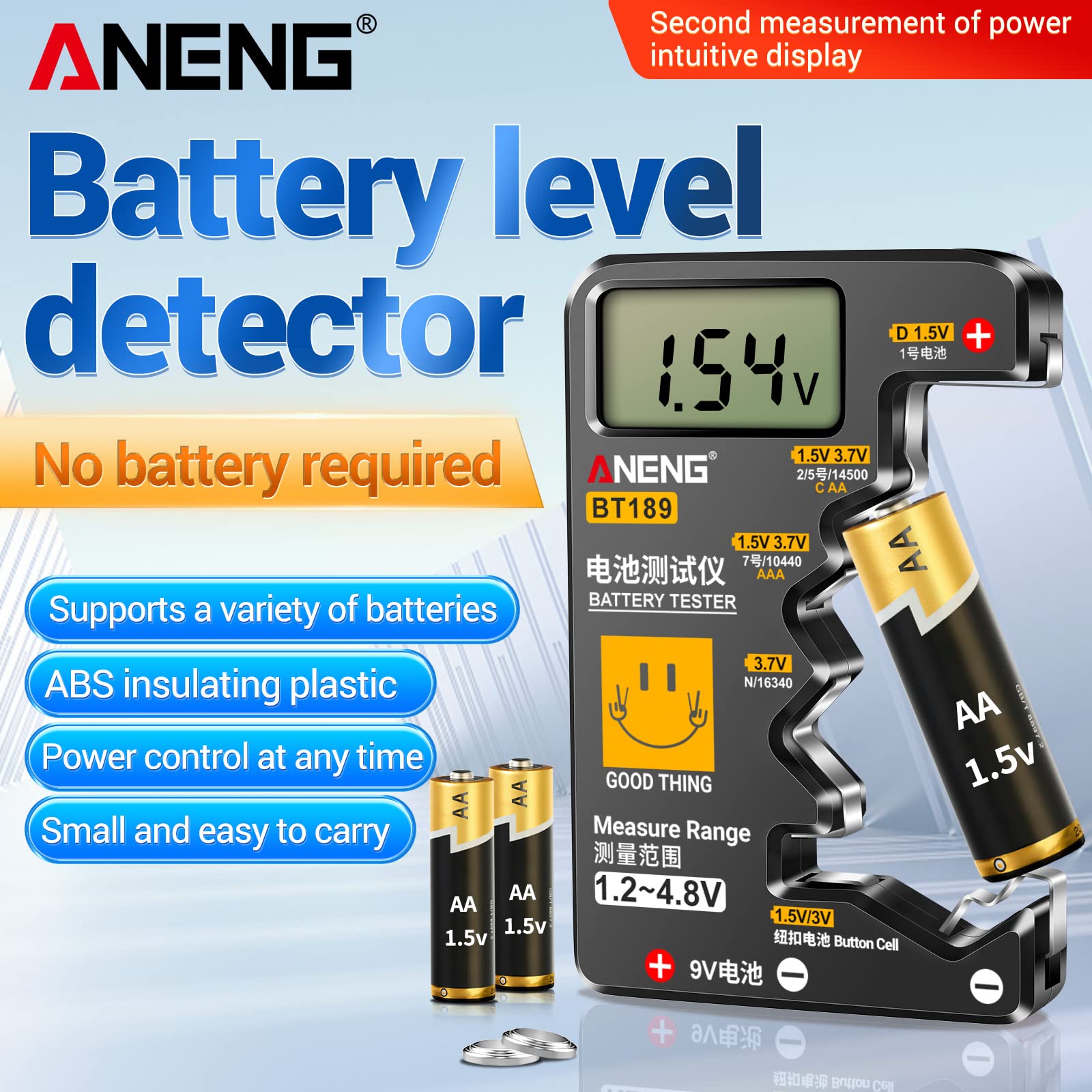 AA C-D 9V 1.5V Button Cell Battery Tester - Compact Household Battery Checker for AA, C, D, 9V & Button Batteries | Perfect for Home, Office & Emergency Kits