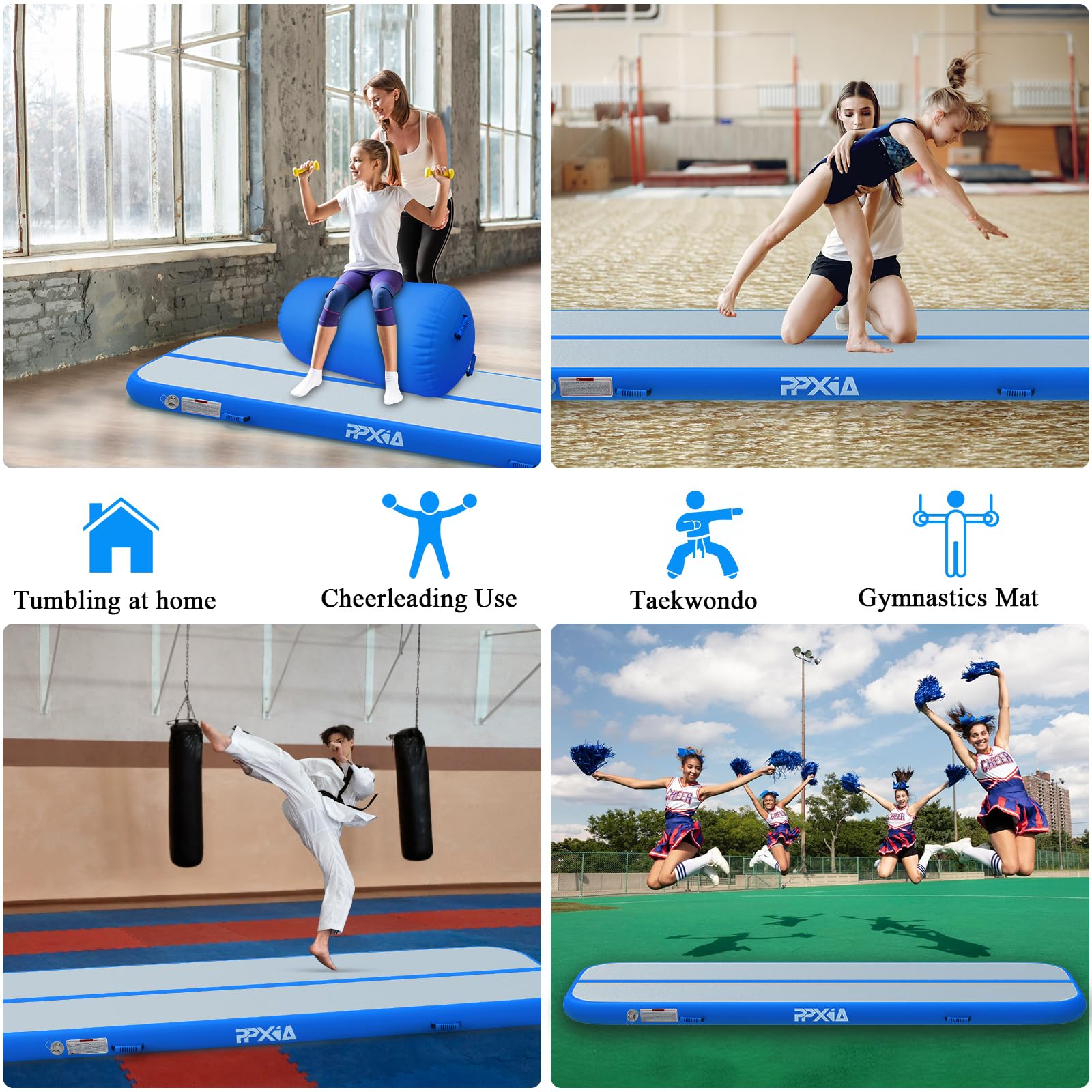 Inflatable Tumbling Mat 6.6FT-20FT, 4-Inch Thick Blow Up Gymnastics Mat with Electric Air Pump - Cheerleading, Training & Home Practice Mat for Indoor/Outdoor Use - Perfect for Backyard, Gym & Tumbling Exercises