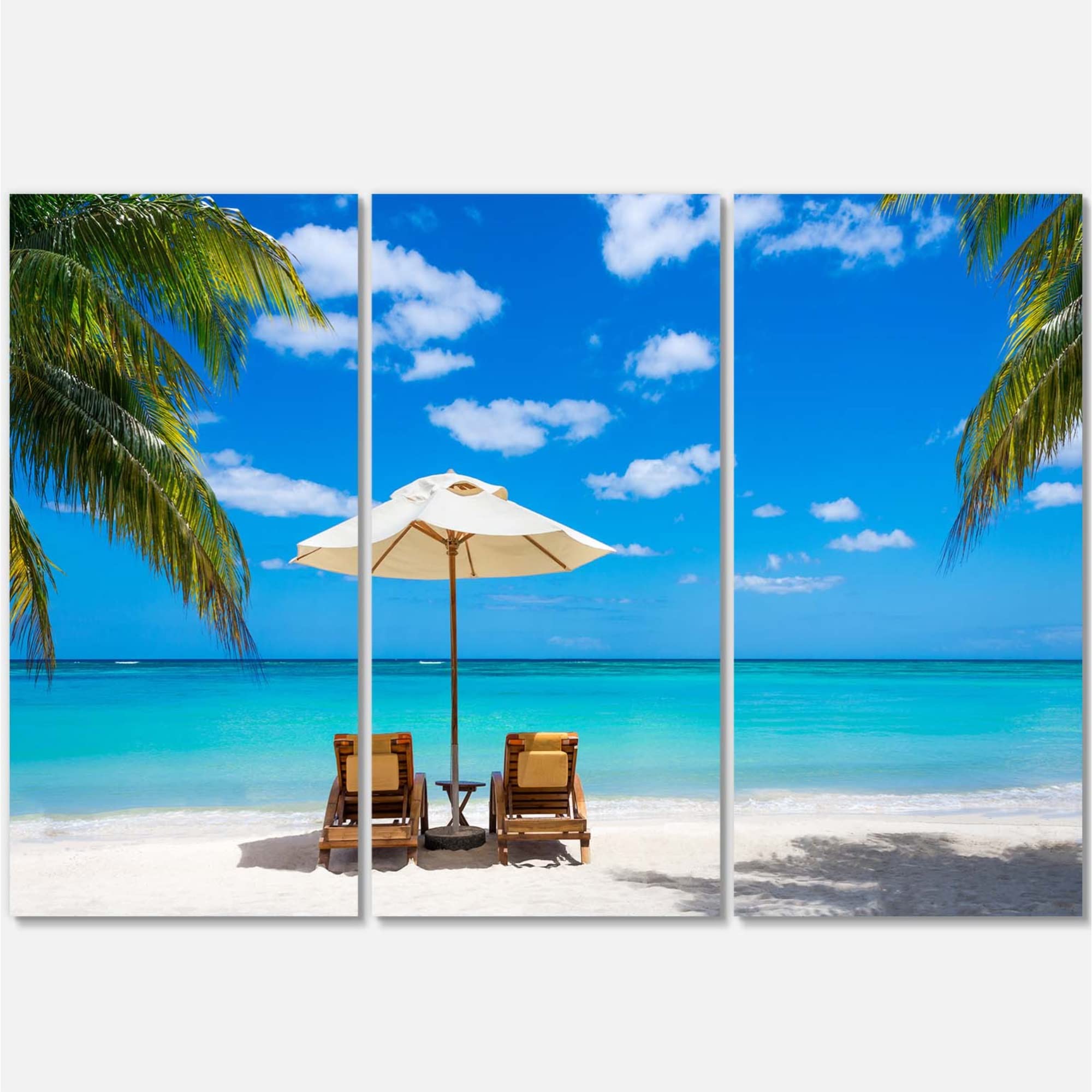 Designart Turquoise Beach with Chairs - Coastal Seascape Photo Canvas Wall Art Print - 36x28 Inches - 3-Panel Multi-Piece Canvas Painting for Living Room, Bedroom & Office Decor - Blue Ocean Beach Scene