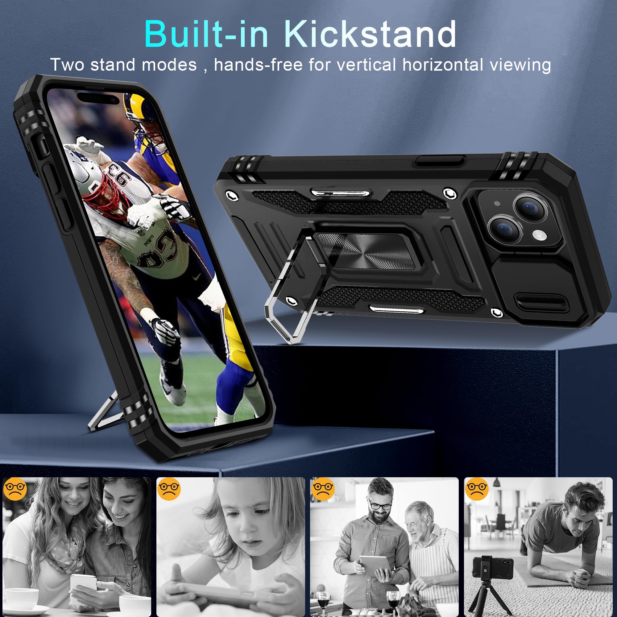 DEERLAMN iPhone 15 Plus Case with Slide Camera Cover & Screen Protector (6.7 Inch) - Military Grade Shockproof Protective Cover with Rotating Ring Kickstand - Black | Perfect for Outdoor Activities, Travel & Daily Protection