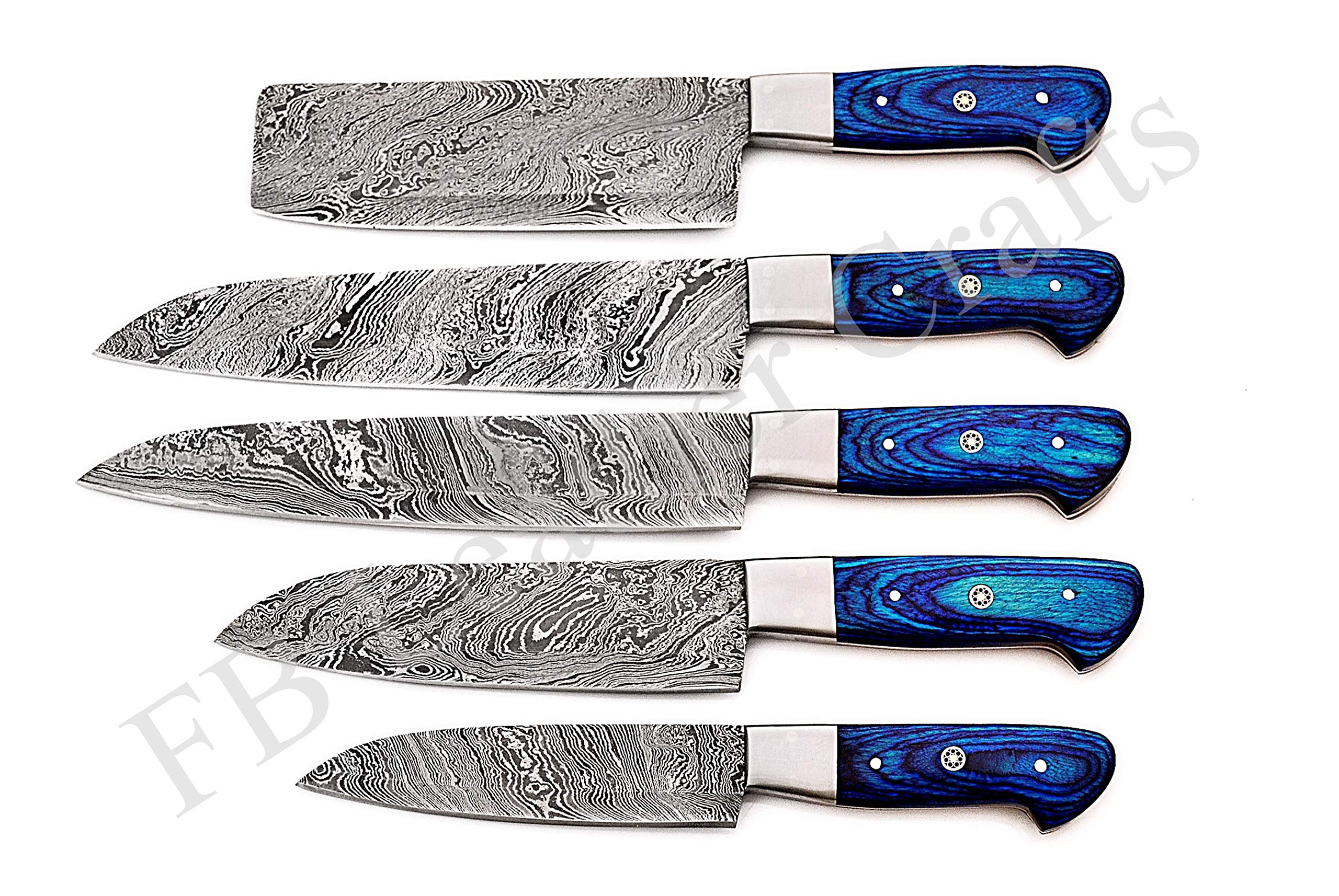 Premium Damascus Steel Chef Knife Set - 5-Piece Handcrafted BBQ Knives with Leather Roll Case - Professional Kitchen Cutlery for Cooking, Slicing & Grilling - Ideal for Home Chefs & Outdoor BBQ (Blue Wood)