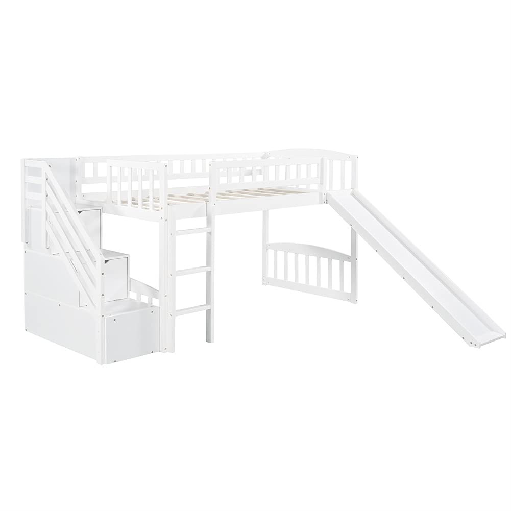 **Kids Wooden Loft Bed with Stairs & Storage - Twin Size Space-Saving Low Bunk Bed Frame (White) - Perfect for Small Bedrooms, Dorms, or Playrooms**