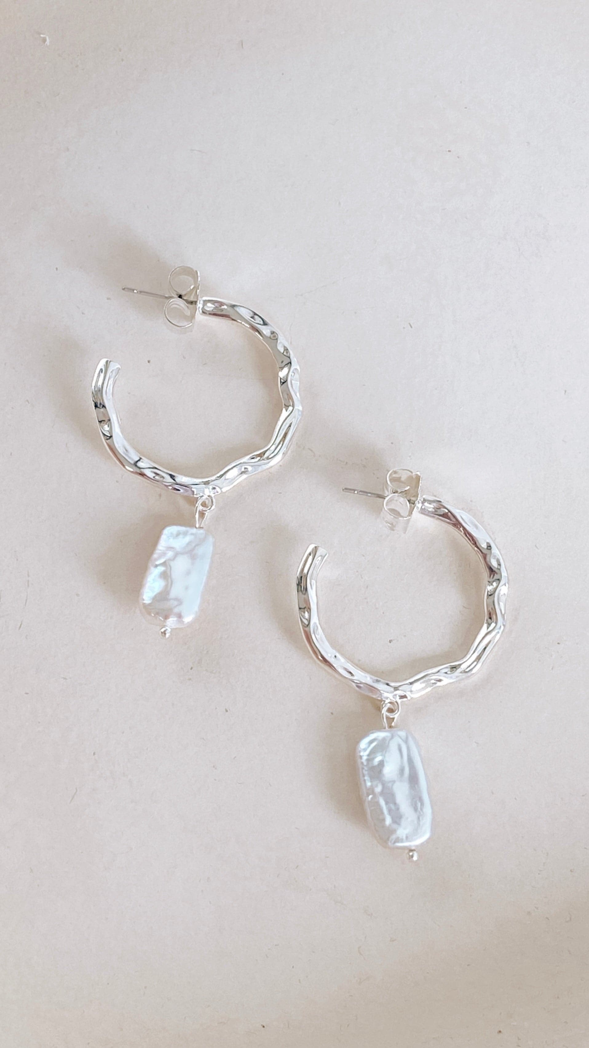 Beaten Metal Pearl Drop Hoop Earrings - Silver & Cream Dangle Earrings for Women | Perfect for Weddings, Parties & Everyday Wear