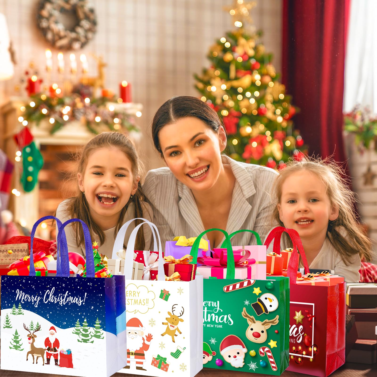 12-Pack Large Christmas Gift Bags - Reusable Holiday Tote Bags Non-Woven Fabric, Xmas Shopping Bags with Sturdy Handles for Gift Wrapping, Party Favors & Treats (12.6
