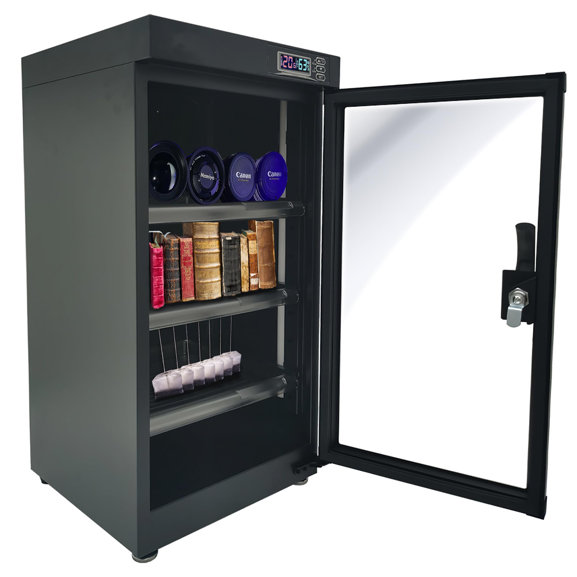 INTSUPERMAI 80L Digital Control Dehumidifying Dry Cabinet with Key Lock - Safe Storage for Camera Lenses & Electronic Equipment (100-240V, 4 Wheels) - Perfect for Photography Studios, Labs & Humidity-Sensitive Electronics Storage