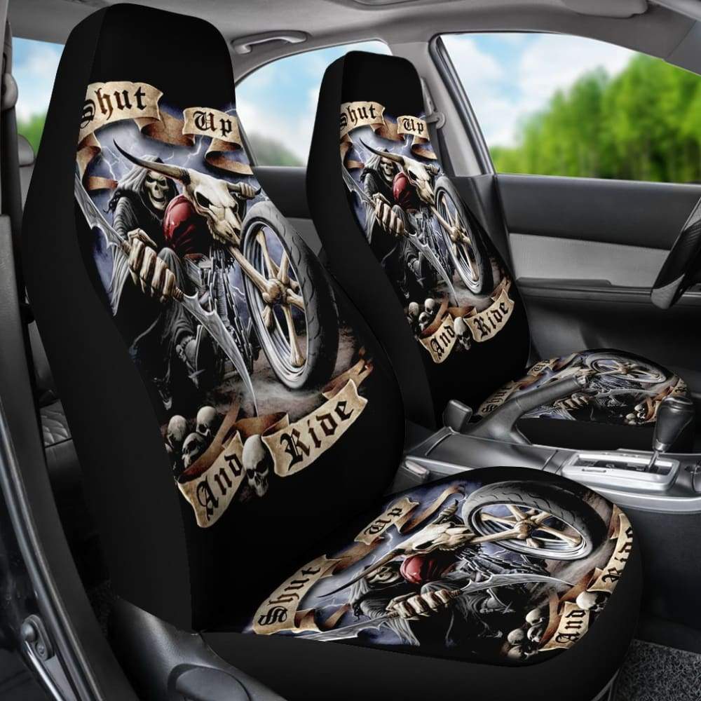 2 Pcs Gothic Skull Car Seat Covers - Universal Fit for Cars, Trucks & SUVs - Black Skull Pattern Auto Accessories for Halloween, Gothic & Punk Style Decor - Perfect for Car Interior Protection & Themed Parties