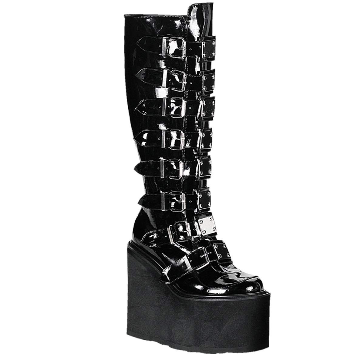 Demonic Women's 5.5 Inch Chunky Heel Knee High Platform Boots with Metal Plates - Black Size 8 | Gothic Fashion, Punk Outfits & Nightclub Wear