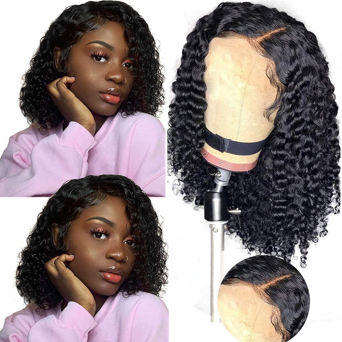 Brazilian Virgin Human Hair Wigs 150% Density - Glueless Lace Front 4x4 Closure Wig for Women - 16 Inch Natural Black Curly Hair - Perfect for Daily Wear, Parties & Special Occasions