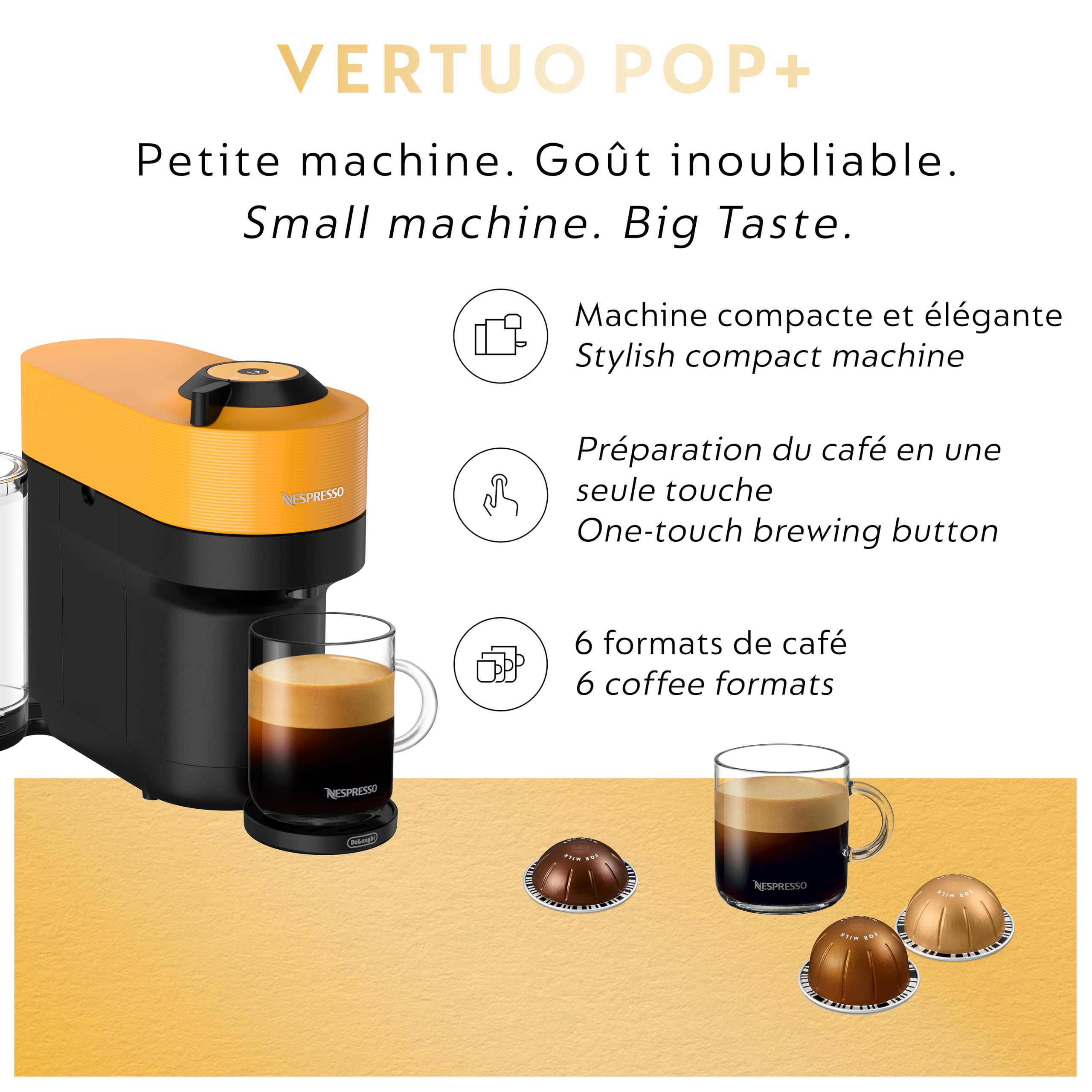 De'Longhi Nespresso Vertuo Pop+ Coffee & Espresso Machine with Mango Yellow Finish - Perfect for Home, Office & Small Spaces
