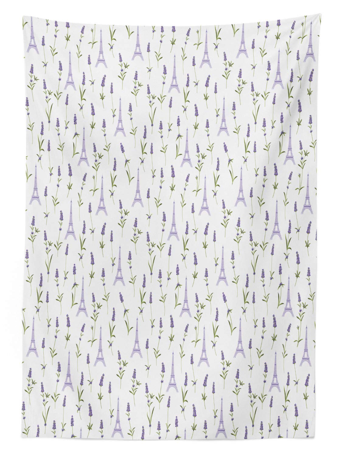 Ambesonne Washable Outdoor Tablecloth - Parisian Lavender Flowers & Eiffel Tower Design, Rustic Spring Picnic Table Cover 58x84 Inches (Lavender Green White) - Perfect for Garden Parties, Outdoor Dining & French-Themed Decor
