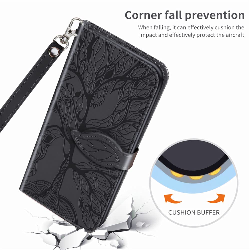 Premium PU Leather Samsung Galaxy A12 Case with Kickstand, Card Slots & Wrist Strap – 6.5 Inch Folio Flip Wallet Cover for Samsung A12 (R-Black) – Perfect for Work, Travel & Daily Protection