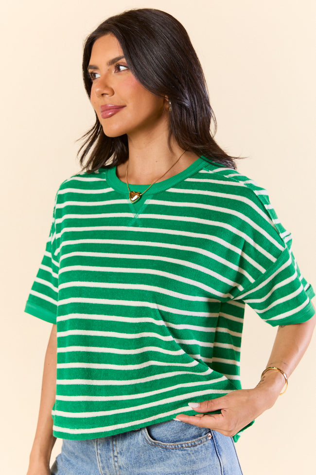 Color Wave Green and Oatmeal Striped Knit Boxy Tee - Women's Casual Loose Fit T-Shirt | Trendy Striped Top for Everyday Wear, Outfits & Layering