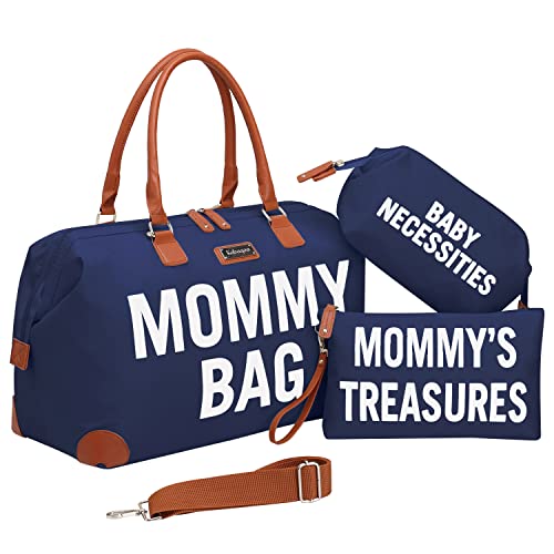 KABAQOO Waterproof Diaper Bag Tote - Large Maternity Hospital Bag for Moms with 2 Organizing Pouches | Perfect Baby Shower Gift & Newborn Registry Essential | Navy Blue Baby Travel Bag for Park, Shopping & Family Outings