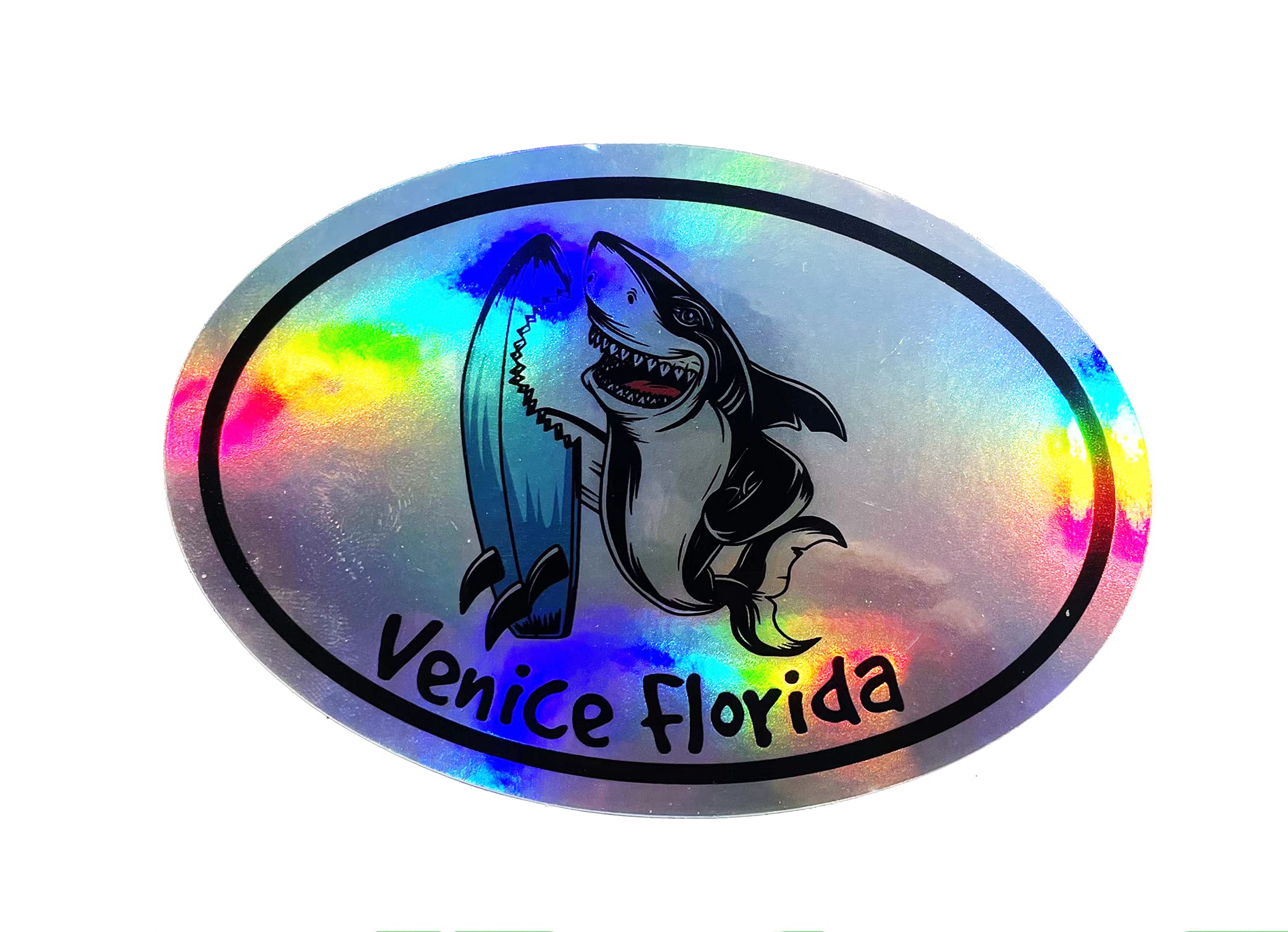 WickedGoodz Shark Venice Beach Florida Holographic Vinyl Decal - FLA Beach Bumper Sticker for Laptops, Windows, Cars, Trucks - Perfect for Beach Lovers and Coastal Decor