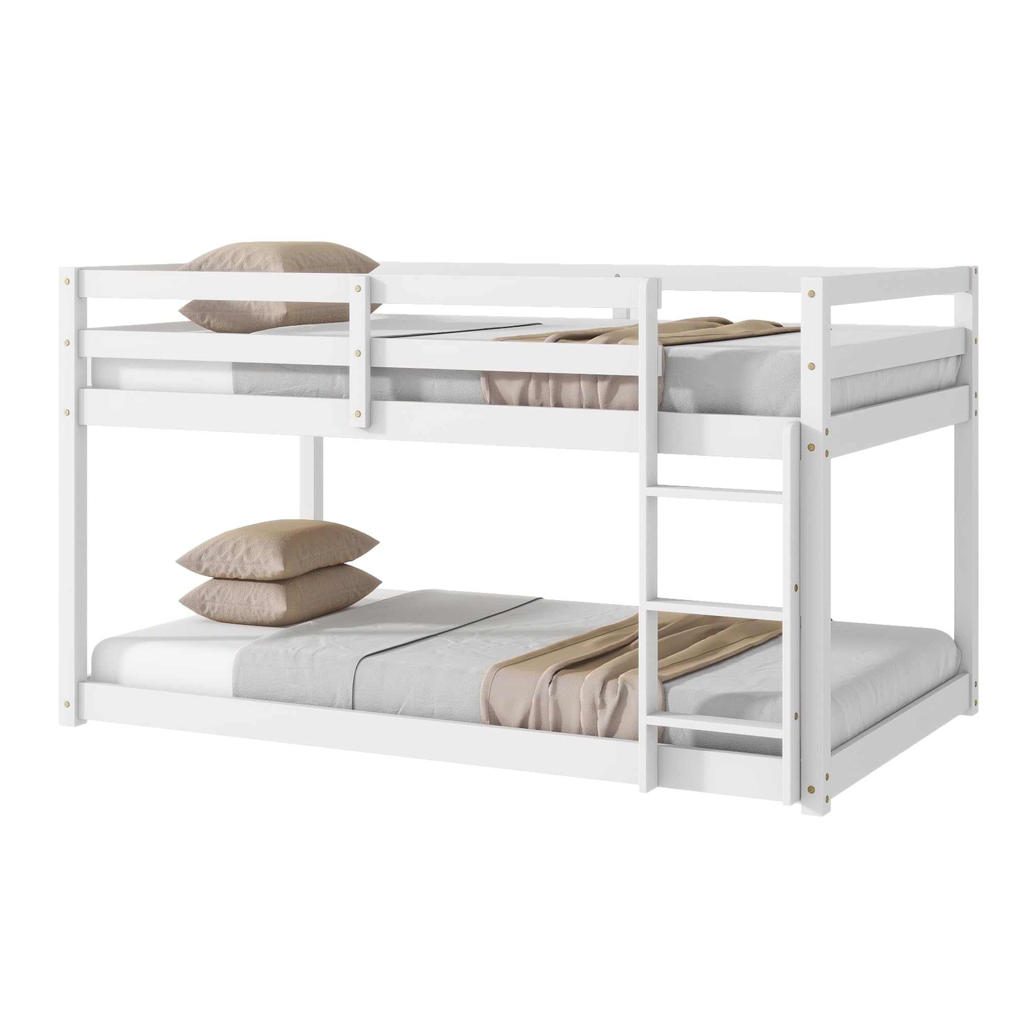 Low Twin Over Twin Bunk Bed Frame - Sturdy Wooden Junior Loft Bed for Kids, Boys & Girls with Safety Rails - Perfect for Small Rooms, Sleepovers & Kids' Bedrooms (White)