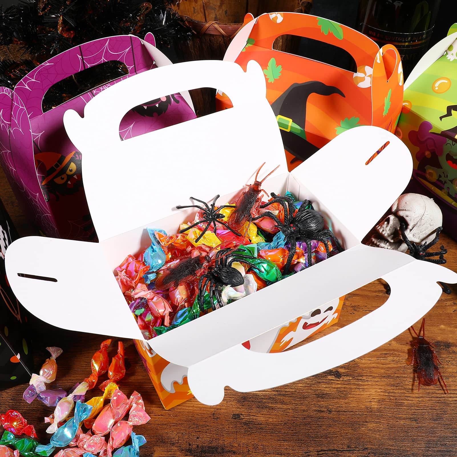 24pcs Halloween Treat Boxes with Handles - Cabilock Cardboard Candy Cookie Goodie Boxes for Party Favors | Holiday Festival Supplies for Trick-or-Treating, Classroom Treats & Halloween Party Decorations