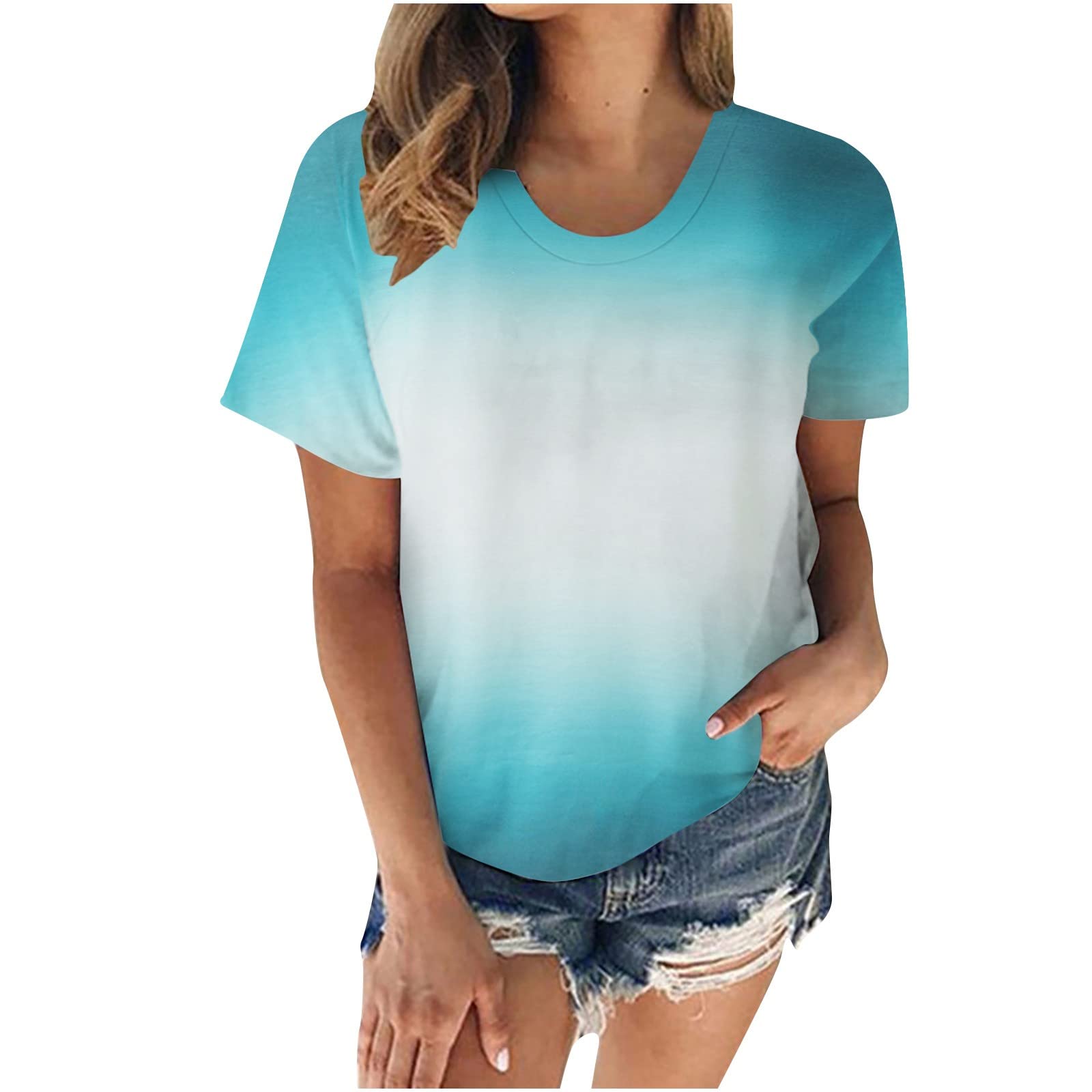 Women's Crewneck Gradient T-Shirt | Short Sleeve Summer Casual Tee | Loose Fit Fashion Top for Everyday Wear, Outings & Beach Days
