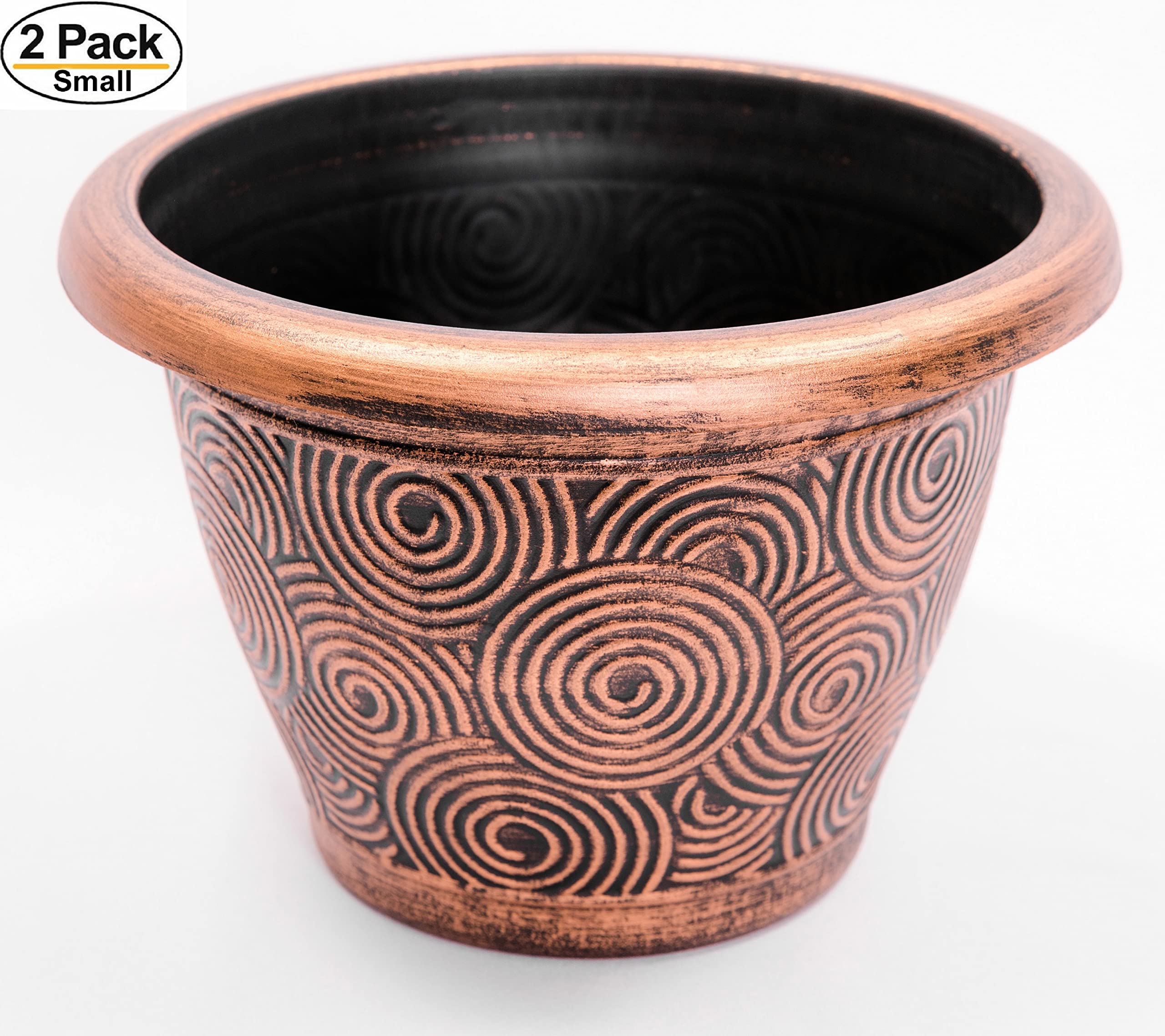2 Pack Round Geometric Plastic Planters 10X7 Inches - Indoor Outdoor Decorative Flower Pots for Garden, Patio, Nursery, Office & Home Decor (Concentric Circles, Copper Finish) | Perfect for Succulents, Herbs & Small Plants