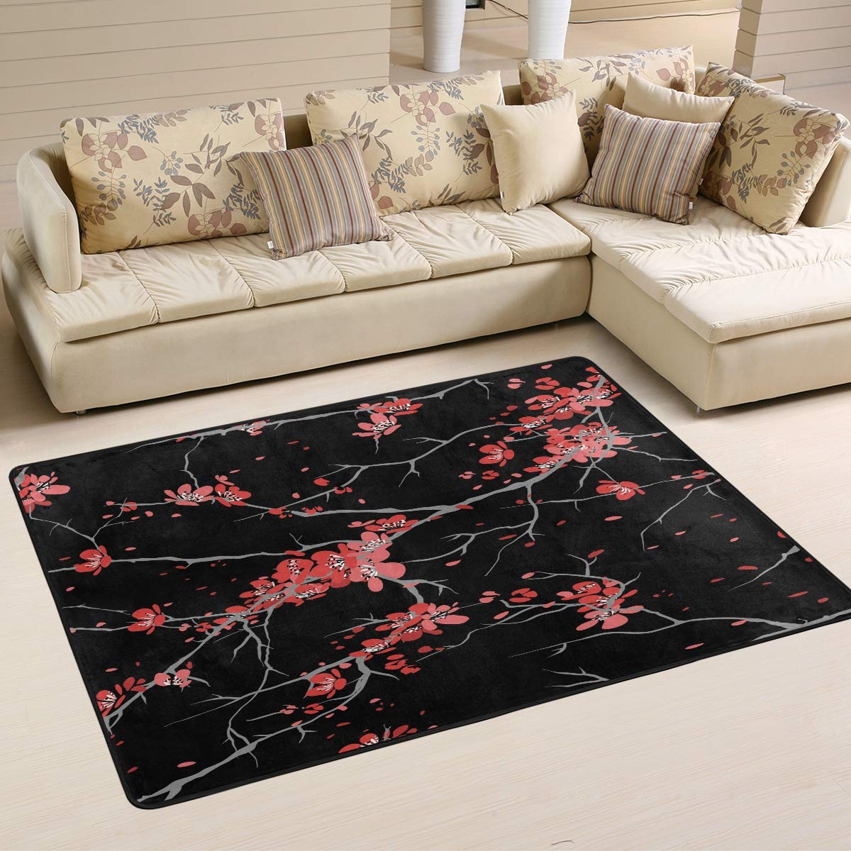 ALAZA Cherry Blossom Floral Japanese Area Rug - Red & Black Non-Slip Carpet for Living Room, Bedroom, Dorm - 3'x2' Home Decor - Perfect for Zen Decor, Asian-Themed Spaces & Cozy Floor Covering