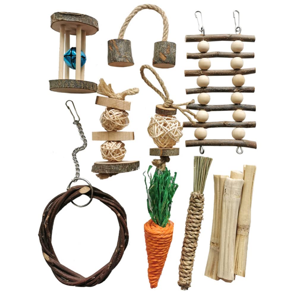 Natural Wooden Hamster Toys Set - Arch Bridge, Seesaw & Rattan Ball Chew Toys for Small Pets Like Guinea Pigs, Rabbits, Rats & Chinchillas - Safe Wooden Teeth Grinding Toys for Cage Enrichment & Playtime